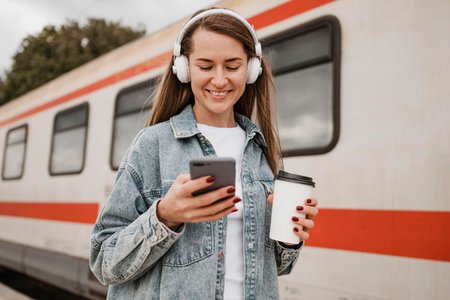 Junge Frau steht lächelnd vor einem Zug